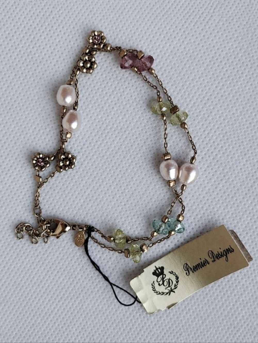 Premier Designs Brand Dual Chain Bracelet Gold Tone Glass Pearls Pink Green NWT
